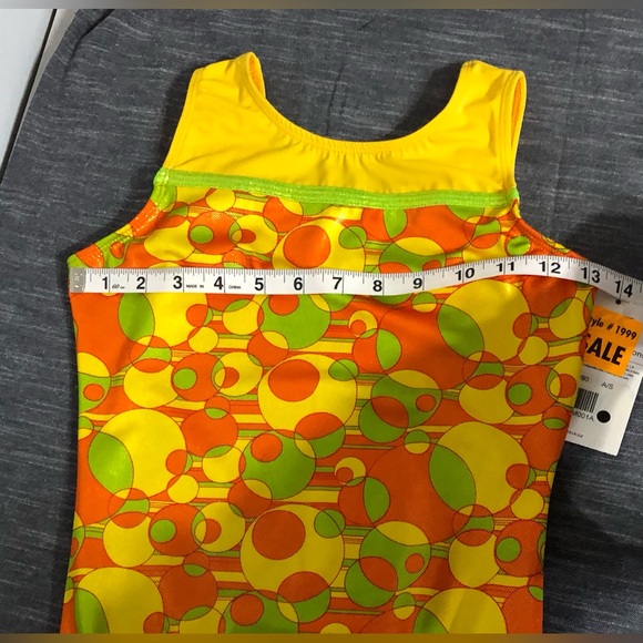 GK Gymnastics Leotard AS Adult Small With Tags Yellow Orange Green Circles - Picture 16 of 16